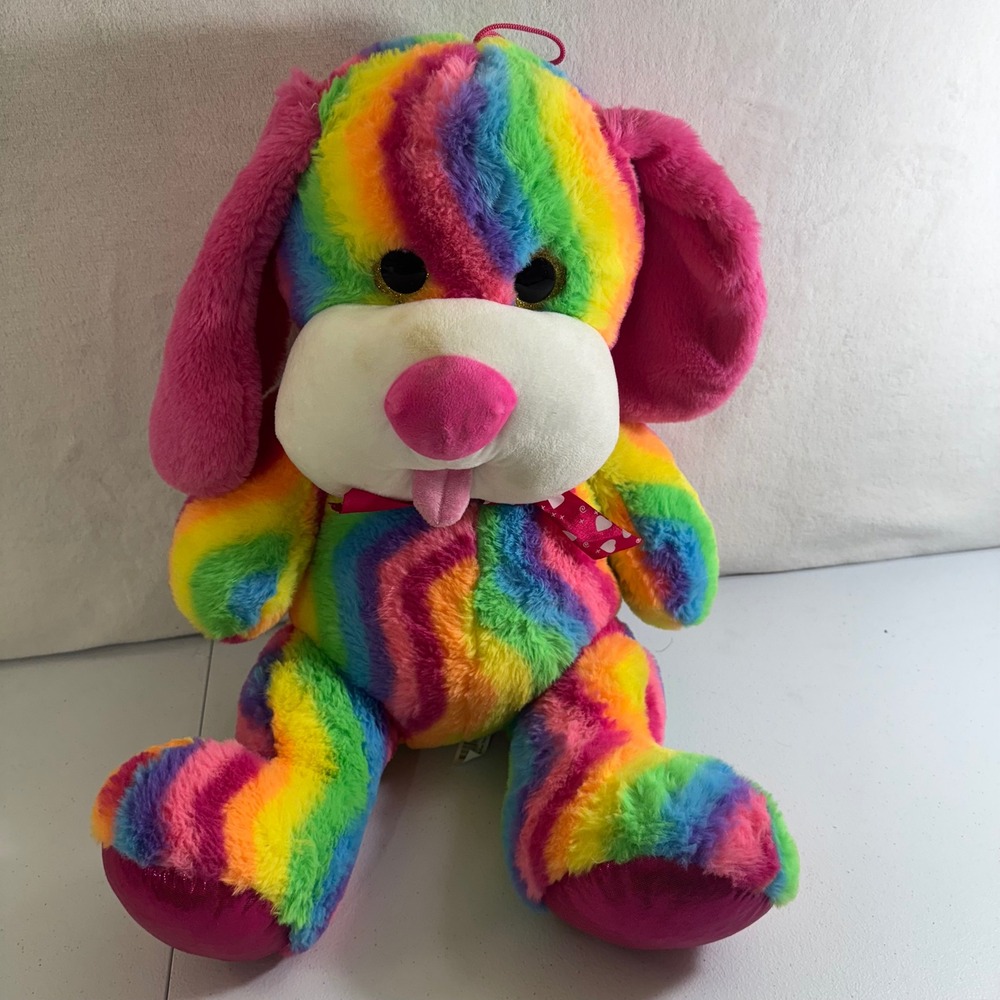 Rainbow Striped Dog Plush Stuffed Animal Floppy Ears Pink Nose TONGUE Out